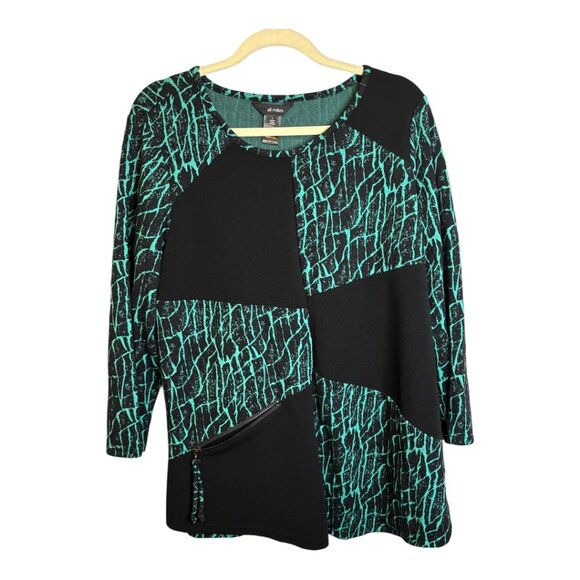 Ali Miles Blouse Women's Size Large Artsy Abstract Office Black Green - Picture 2 of 5